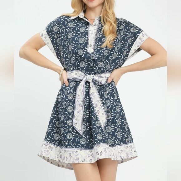 Umgee Border Print Belted Shirt Dress | 100% Cotton Polo Mini Dress sz Md - Picture 7 of 7